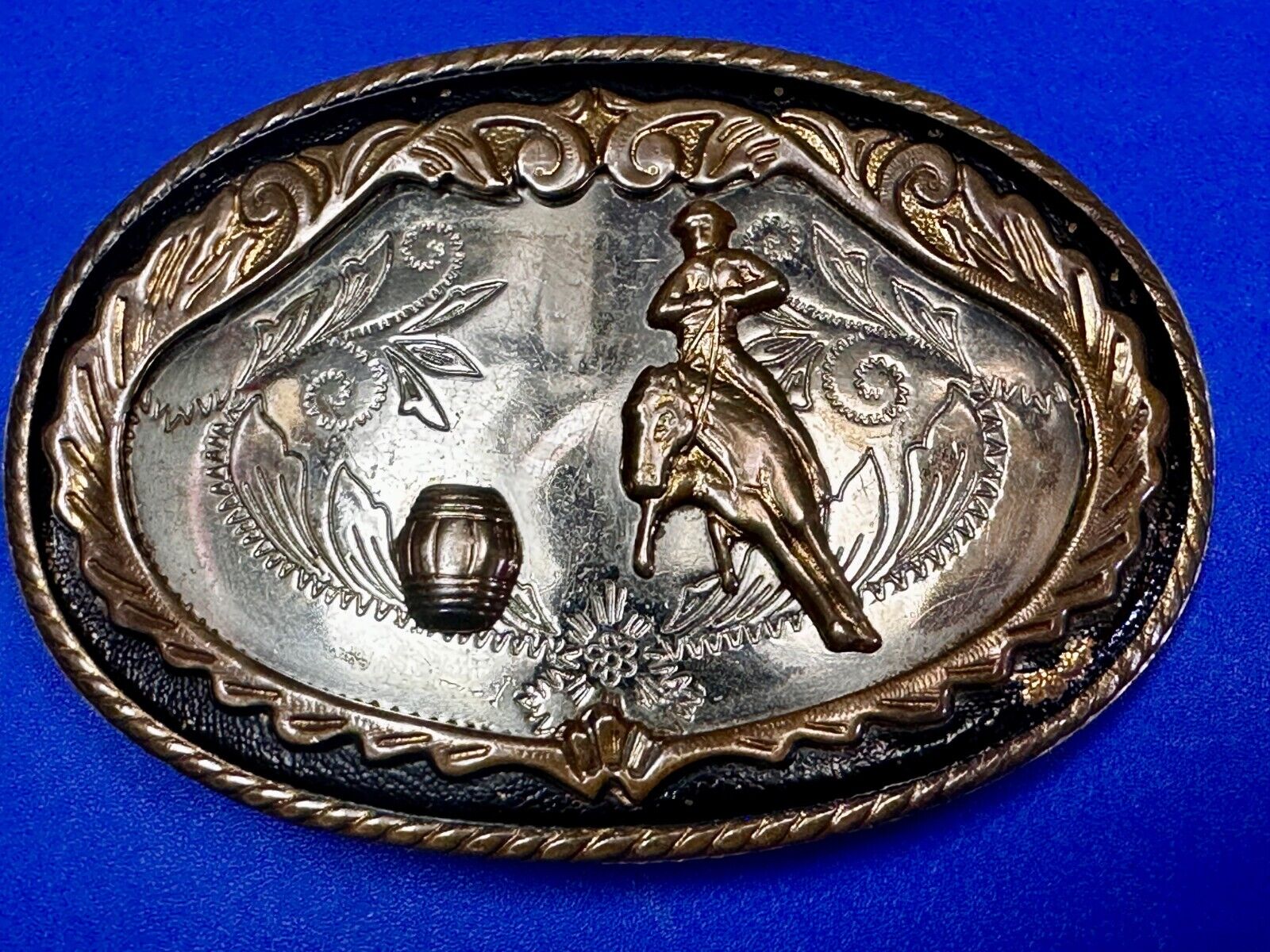 Vintage Barrel Racing Award Style German Silver Belt Buckle with Black Accents