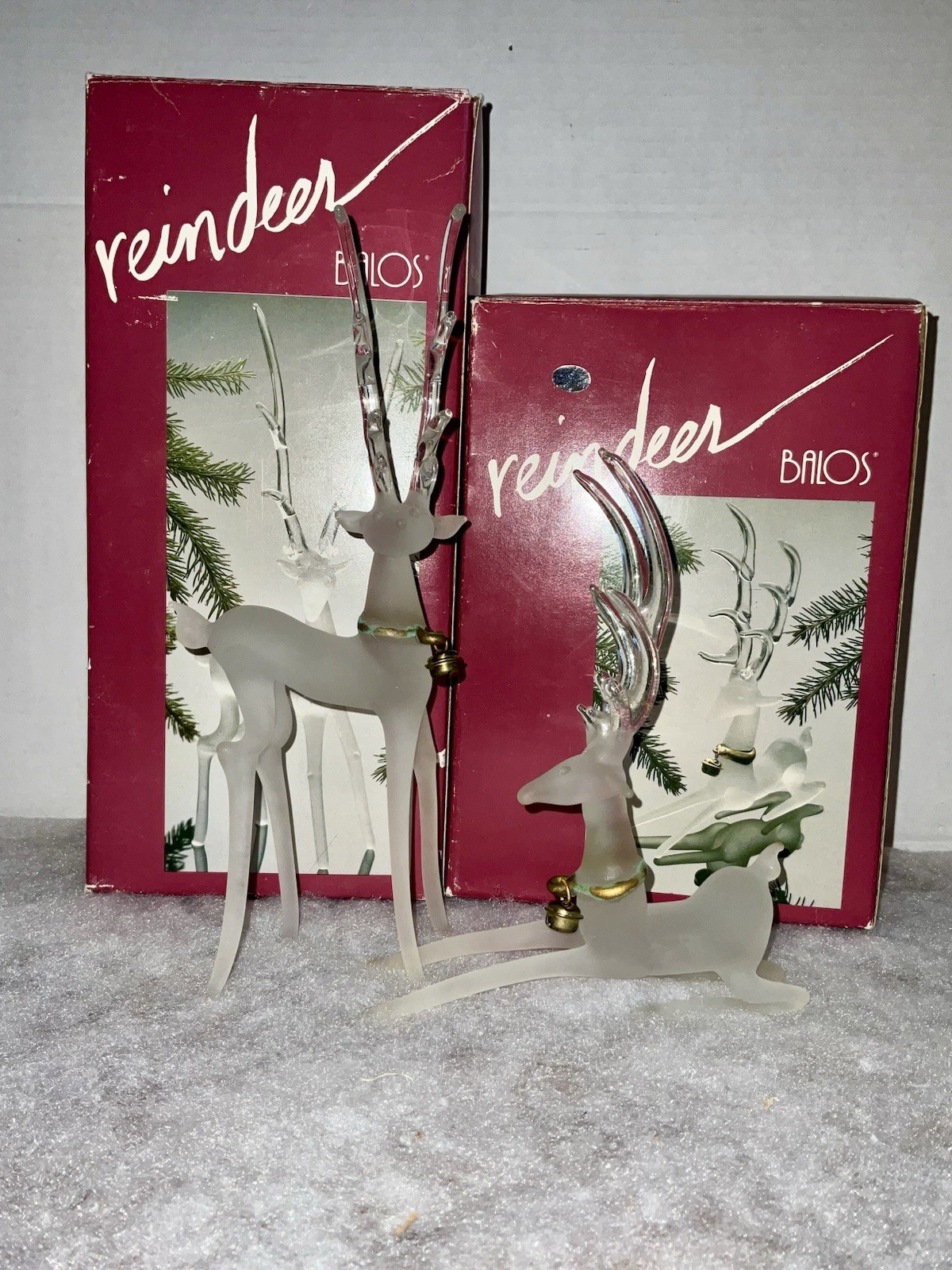 VTG 1980s BALOS Frosted Glass Reindeer Set 92-07 92-08 Orig Boxes Bells