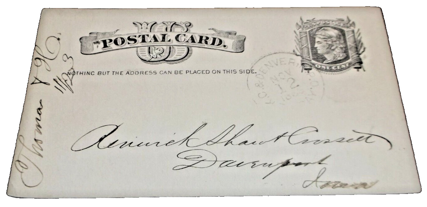 NOVEMBER 1883 KANSAS PACIFIC RAILROAD RPO HANDLED POST CARD