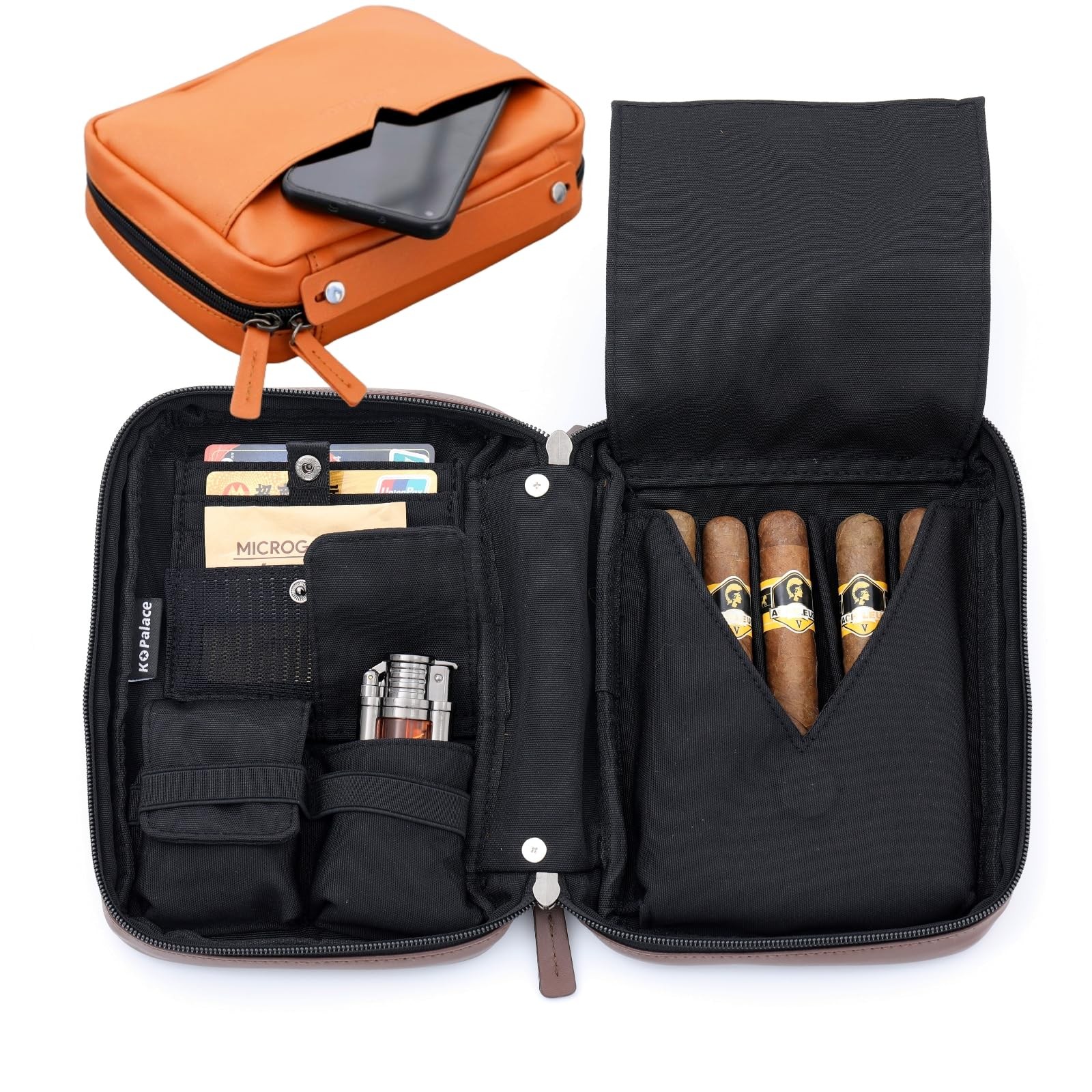 King\'s palace Leather Travel Cigar Case for 5 8.6 x 6.3 x 2 inches, Brown