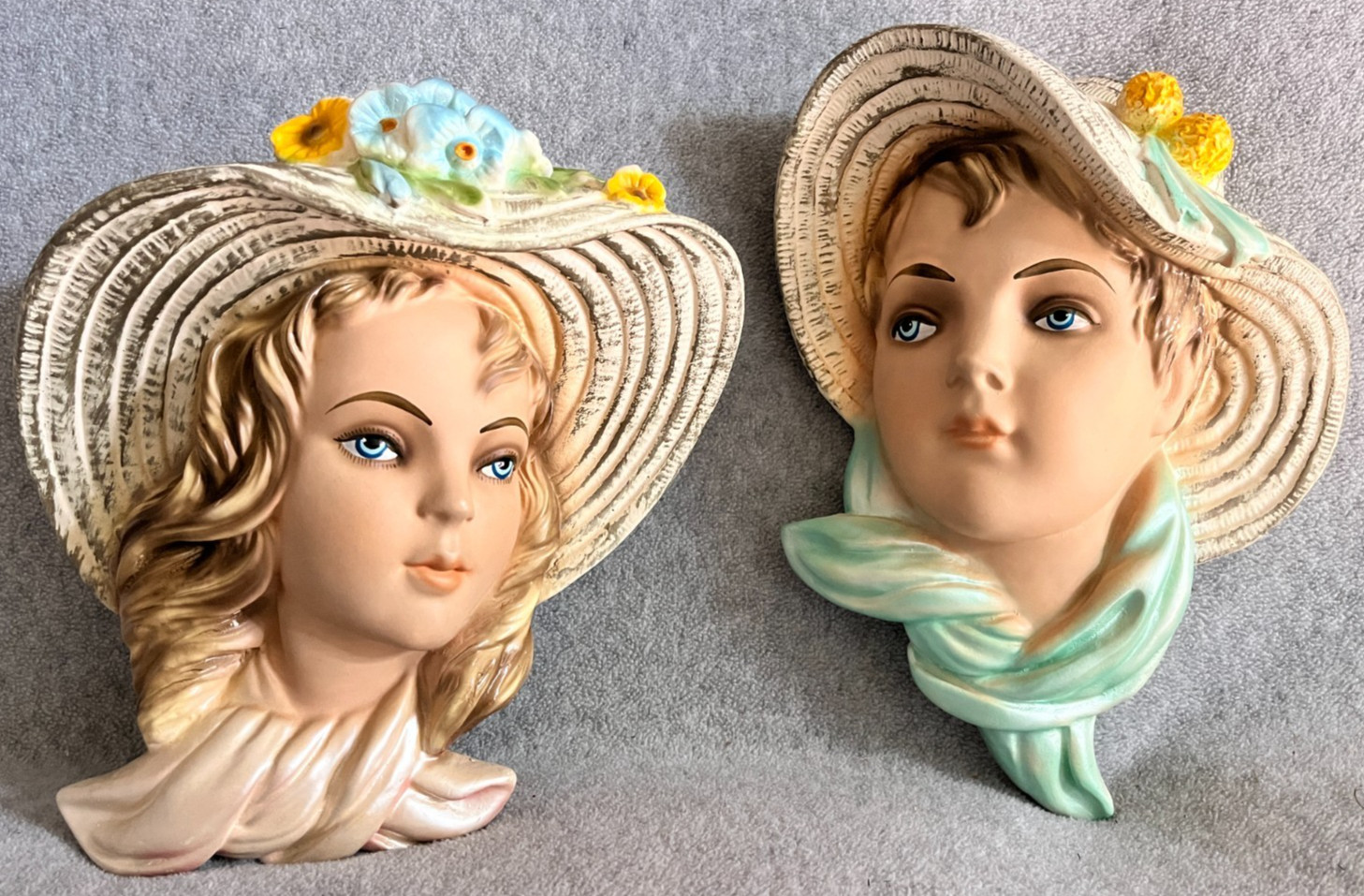 Vtg 1956 MCM Beautiful Ladies Women Girls Face Flowered Hat Plaster Wall Hanging