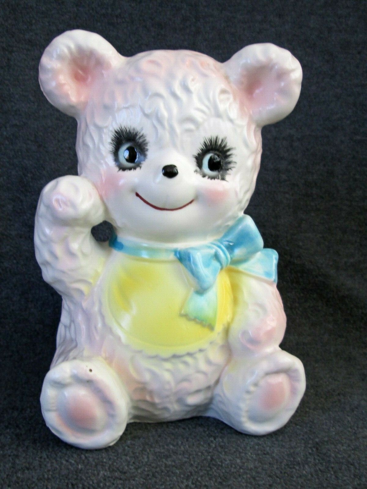Vintage Relpo planter 5678 ceramic bear nursery pink blue bow yellow bib Japan
