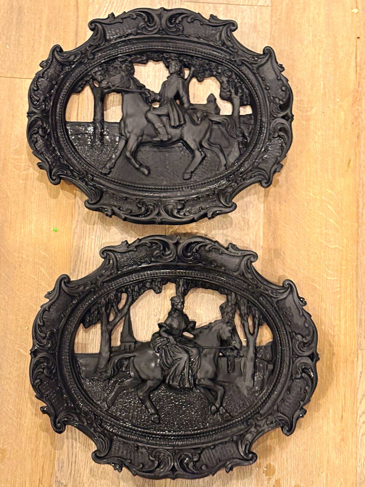 Vintage Black Chalkware Horse Wall Plaques Pair 18x15 Heavy Gothic Plaster Art Vintage Black Chalkware Horse Wall Plaques Pair 18x15 Heavy Gothic Plaster Art
