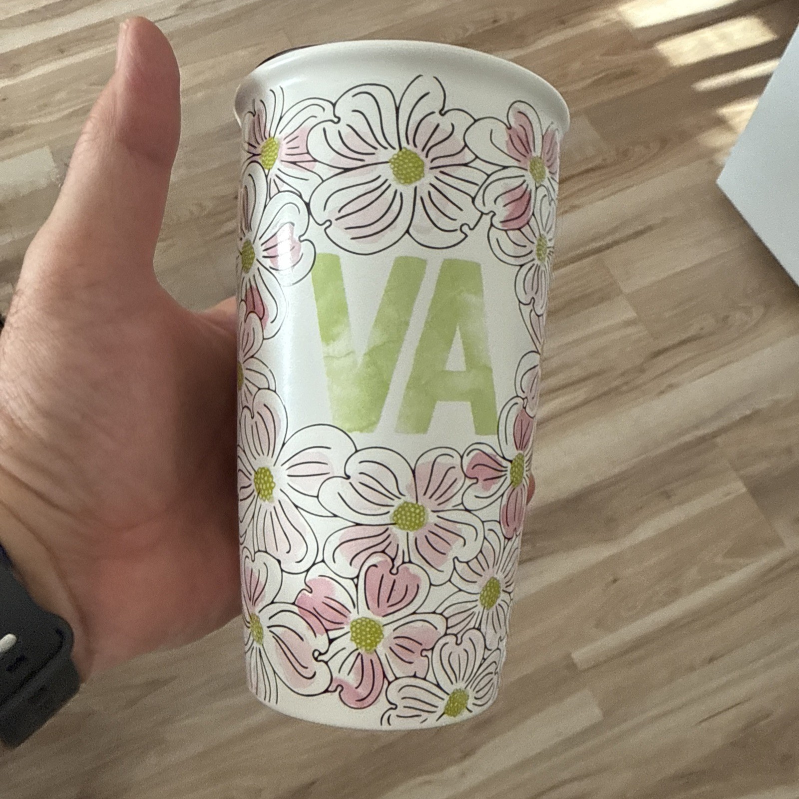 Starbucks Floral VA Dogwood Blossom Flower Ceramic Travel Tumbler 12 oz NOS