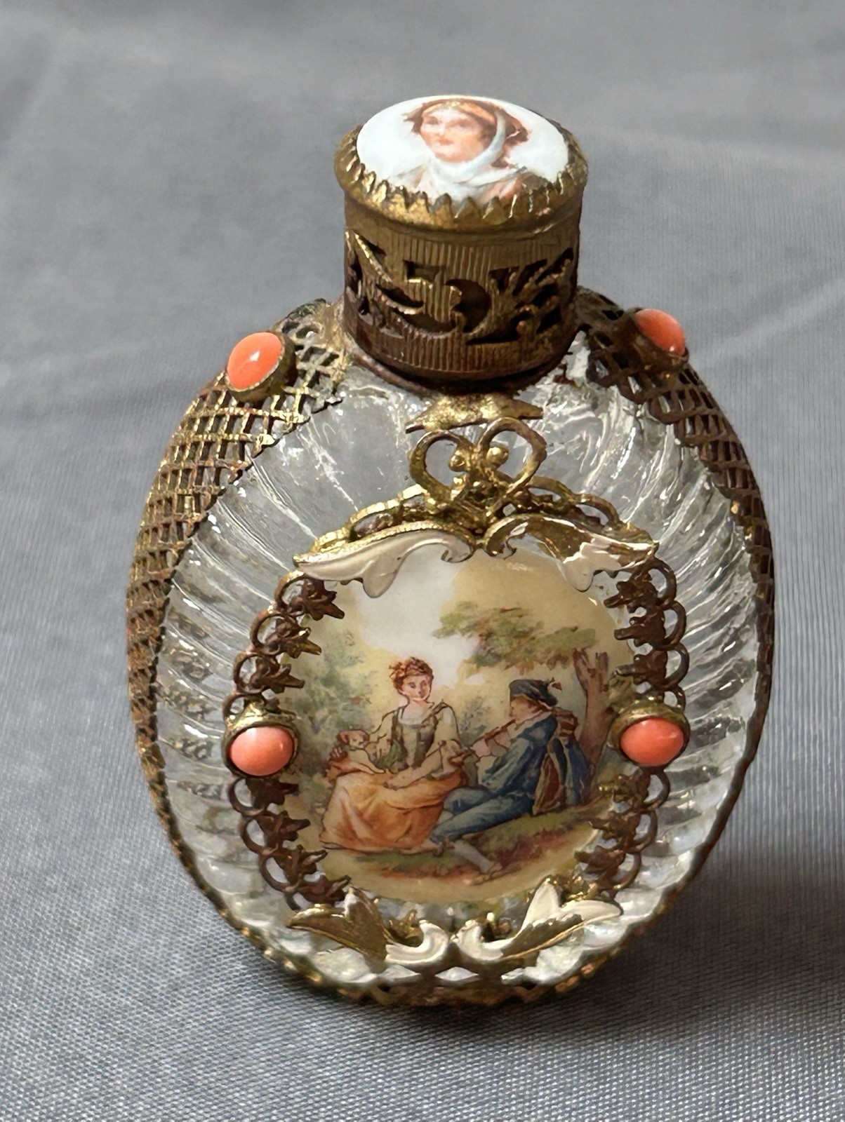 Vintage Art Deco Czech Miniature Perfume Bottle Metal Filigree