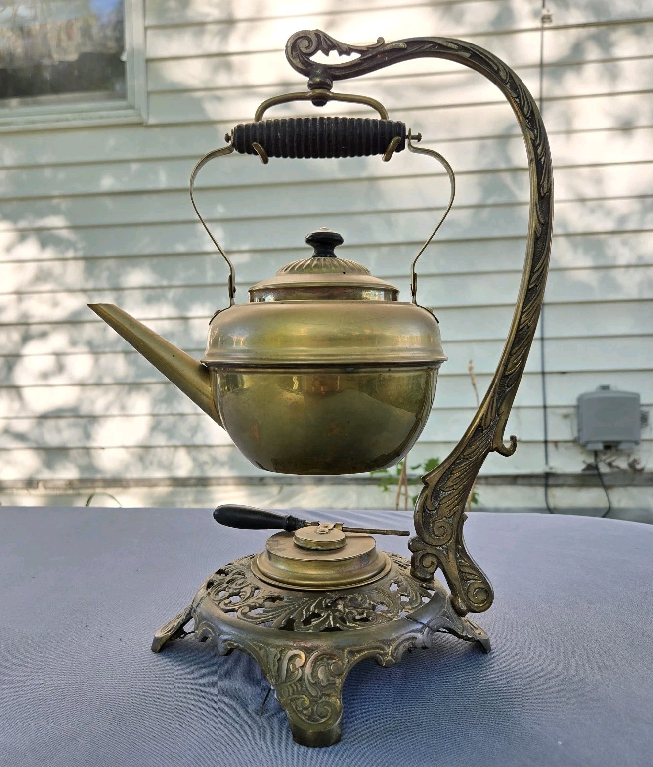 Antique B&H Bradley Hubbard Brass Teapot Warmer Stand Hanging #1615 PAT.