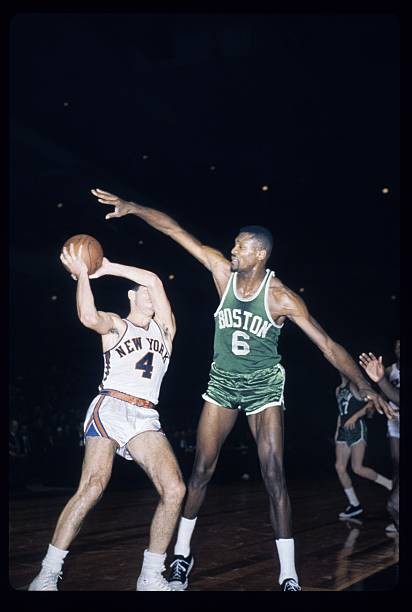 Bill Russell of Boston Celtics defends ball against New York Kni- Old Photo