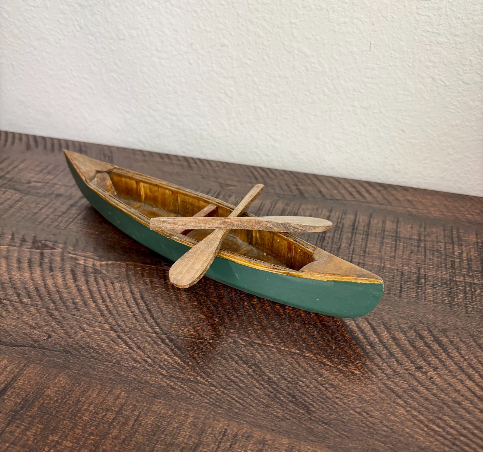 Vintage Miniature Wooden Canoe & 2 Paddles – Rustic Lake House Cabin Decor