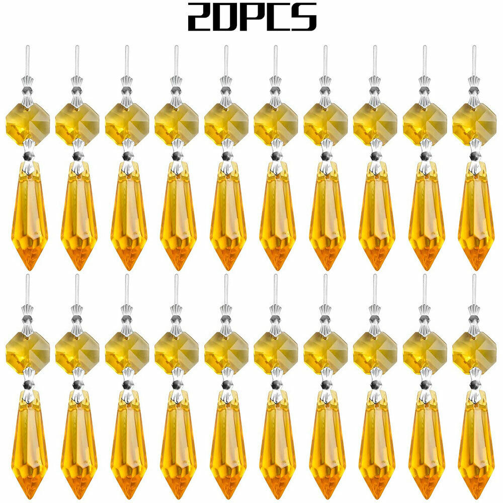Yellow 20PC Chandelier Lamp Crystal Icicle Prisms Bead Hanging Christmas Pendant