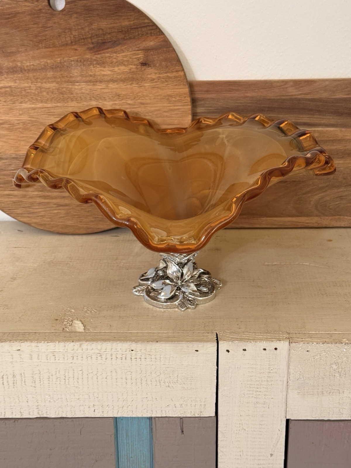 Italian Glass Compote Centerpiece Bowl Ruffle Rim Metal Base