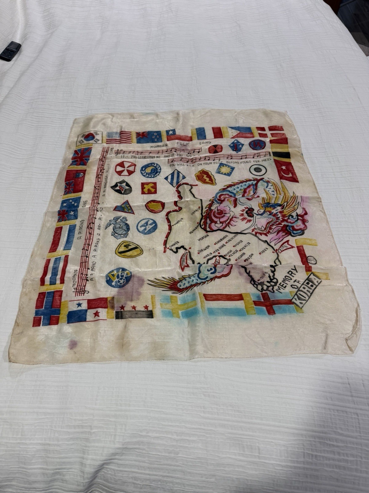 Vintage Silk Korea Souvenir Scarf Map Army 23”x 26”