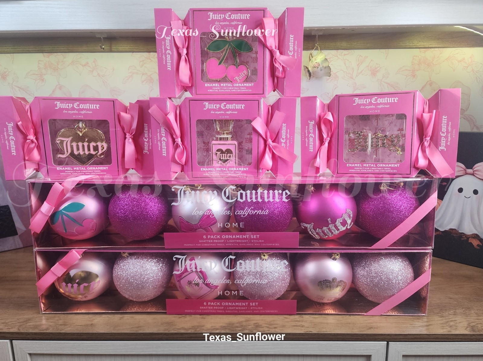 Juicy Couture Pink Coquette Bows & Glitter Christmas Ornament Set NEW In Box 🎀