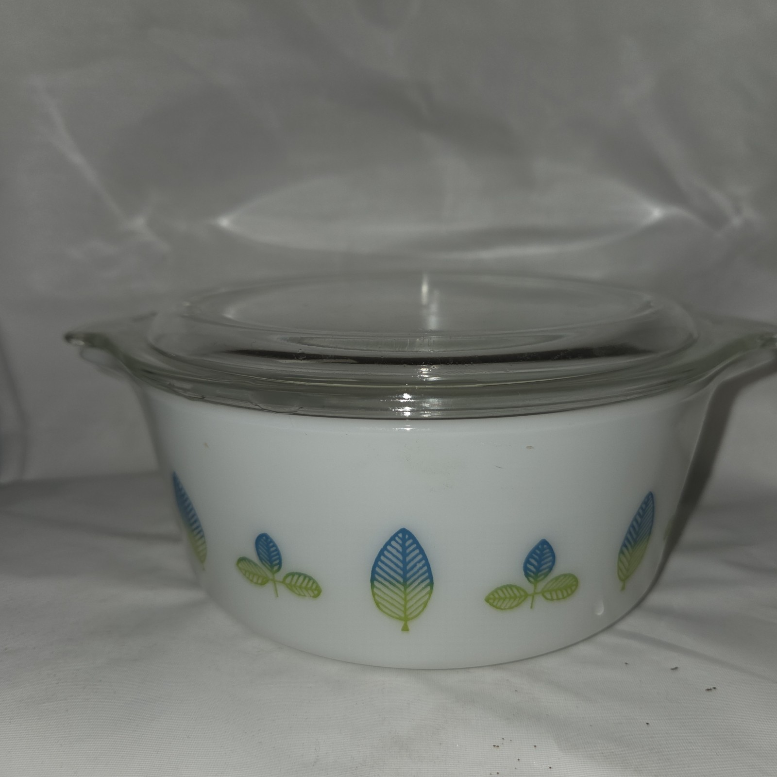 Vintage RARE 1959 Promo Pyrex Round Blue Green Leaf Casserole Dish w/ Lid #472