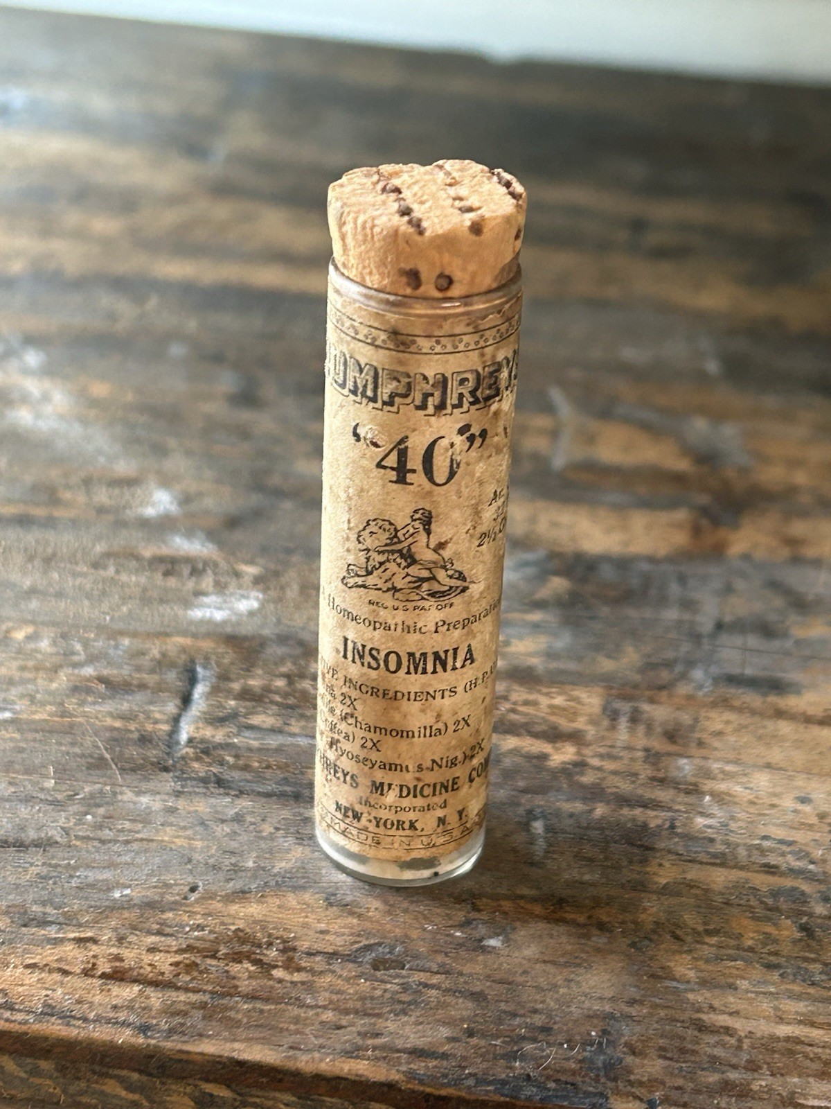 Antique Humphreys No 40 Homeopathic Insomnia Glass Vial Bottle Cork Label