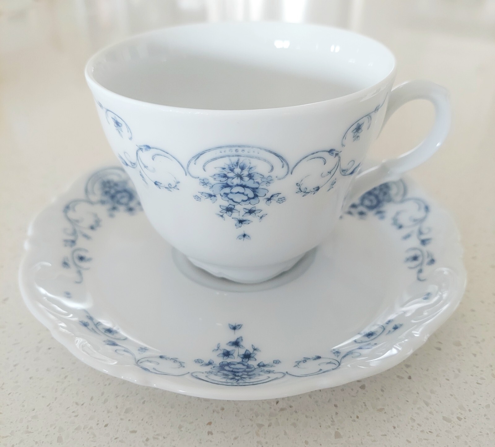 Vintage Mitterteich CUP and SAUCER SET White Blue Floral Scalloped Edge Bavaria