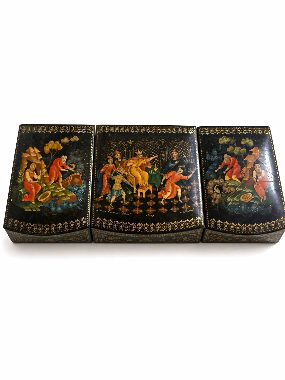 Vintage Kholui Lacquer Box Tale of Fisherman & Golden Fish 3 Lid Drawer Nosova