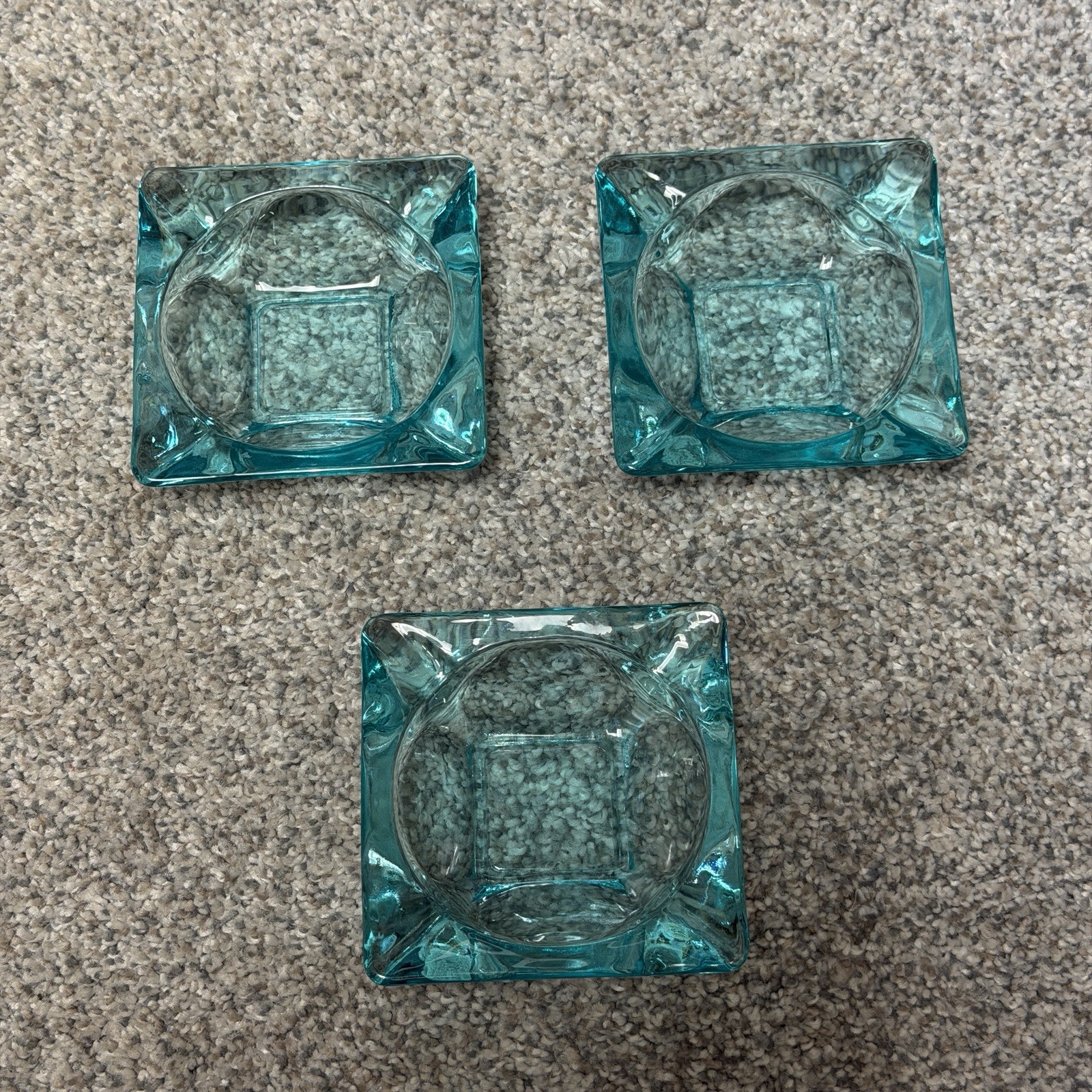 Set of 3 Vintage Aqua Blue Glass Square Ashtrays Heavy Retro MCM Smoking Decor