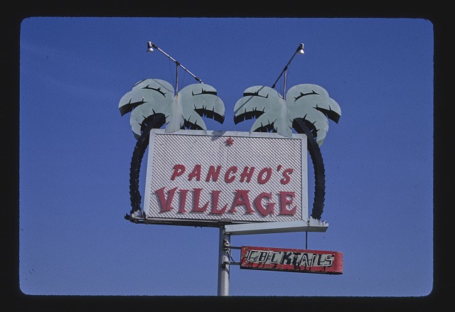Photo:Salinas California 1950s Pancho's Village Cocktails sign palm trees