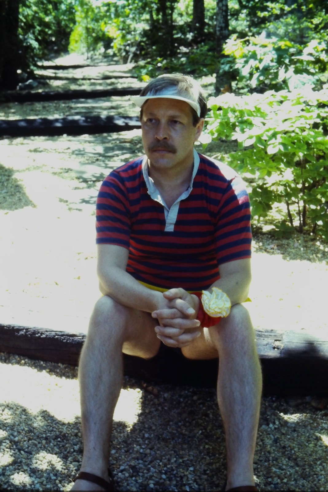 c1970's 35mm Slide, Man Portrait, Striped Polo Shirt Visor red blue Wooden