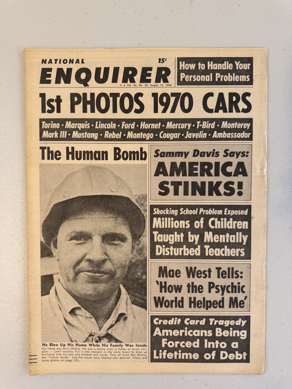 1969 August 10th National Enquirer Newspaper, Human Bomb, Sammy Davis (VRN7)