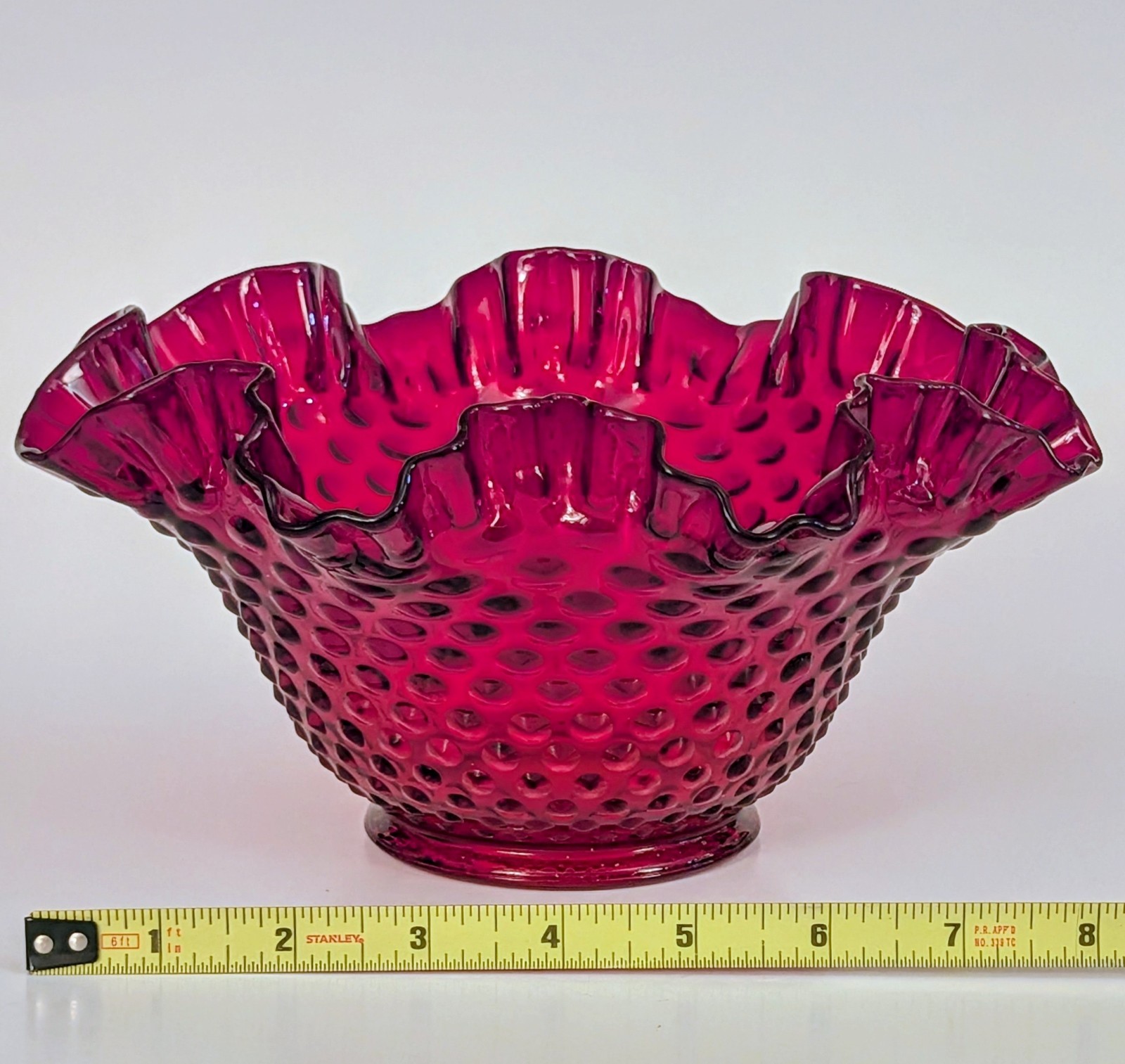Vtg Fenton Double Crimped Ruffled Ruby Red Amberina Hobnail Glass 9