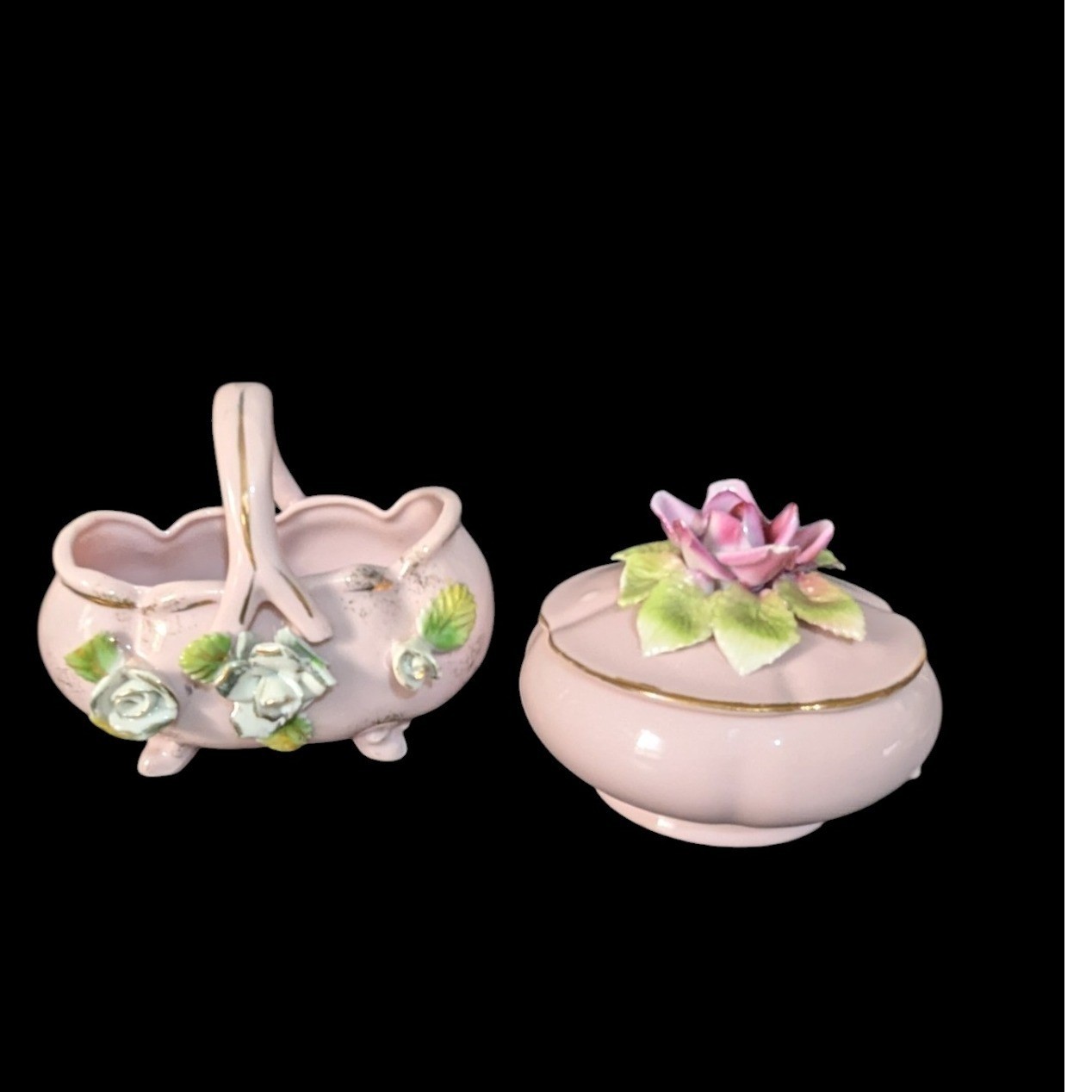 Vintage Pink Ceramic Trinket Box and Basket Set Porcelain Roses Made in Japan