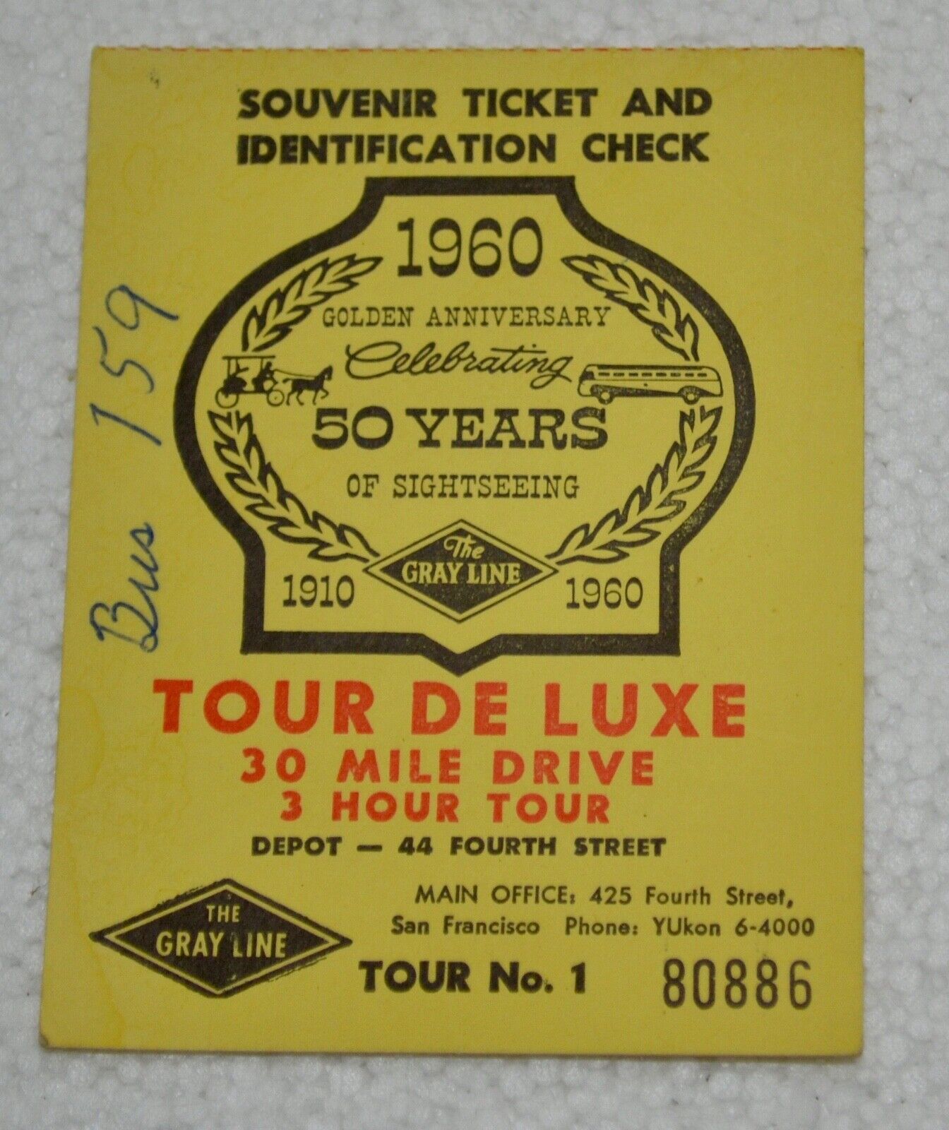 The Gray Line Bus Souvenir Ticket 1960 San Fransisco Tour De Luxe 50 Year Annive