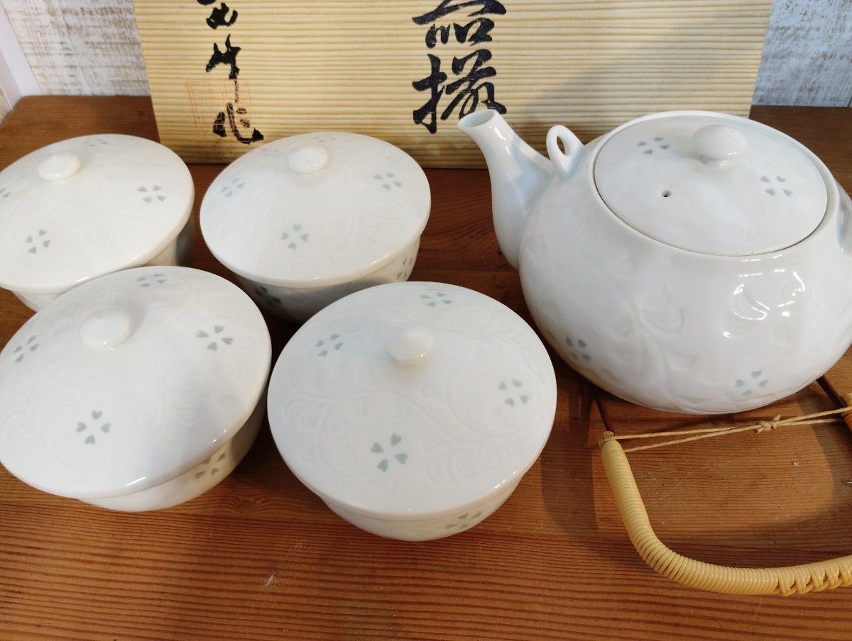 Unused Japanese Arita Tea Set Kyusu Teapot 4 Yunomi Cups Hotaru-yaki Karakusa