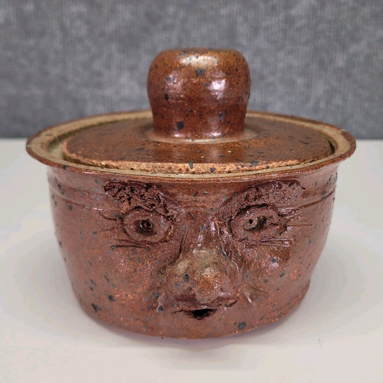 Vintage Studio Pottery Face Jug Jar Lidded Grotesque Clay Pot Folk Art Signed