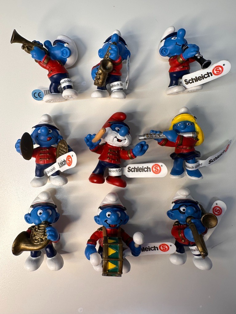 Vintage 2001 Schleich Smurfs Marching Band Lot of 9 - Red Uniform Orchestra Toy 