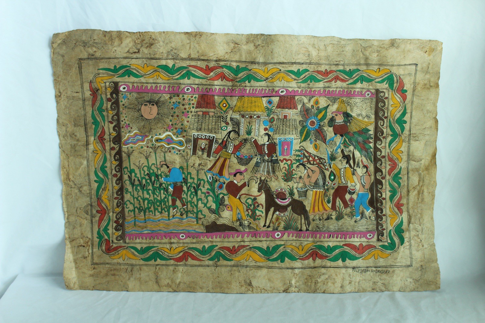 Vintage Mexican Amate Bark Paper Folk Art Painting Signed Telesforo Rodriguez Vintage Mexican Amate Bark Paper Folk Art Painting Signed Telesforo Rodriguez