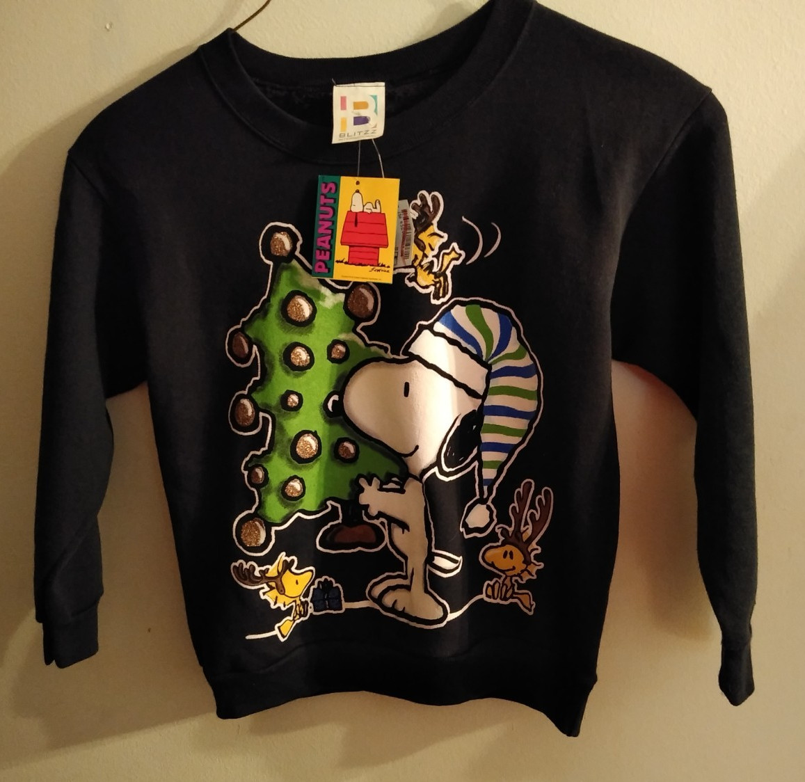 Vtg 1990s Dark Navy Blue Snoopy Woodstock Holiday Sweatshirt Child\'s Small *Tag