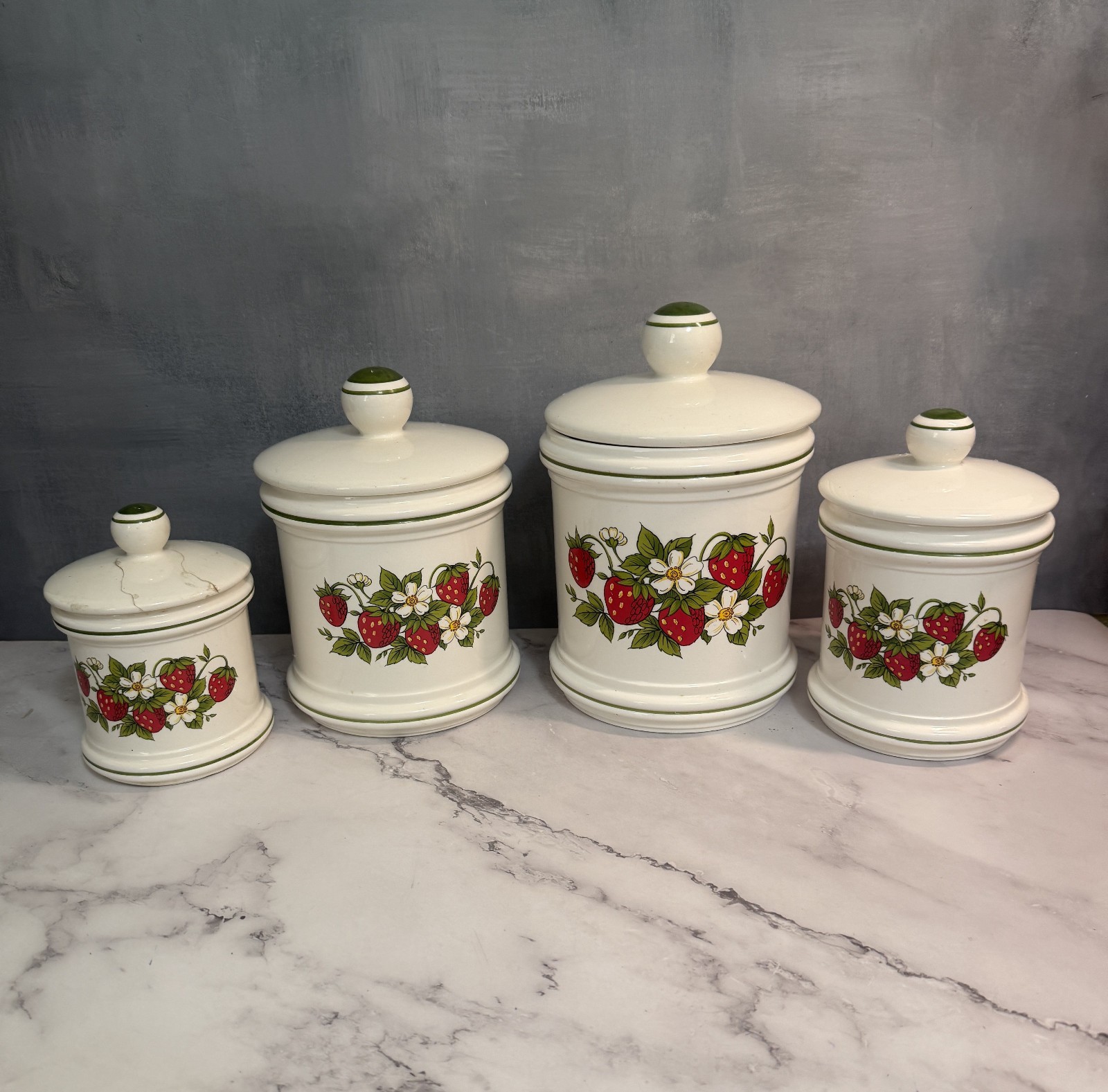 Vintage Sears Canister Set, Strawberry 4 Canisters with Lids, Box READ