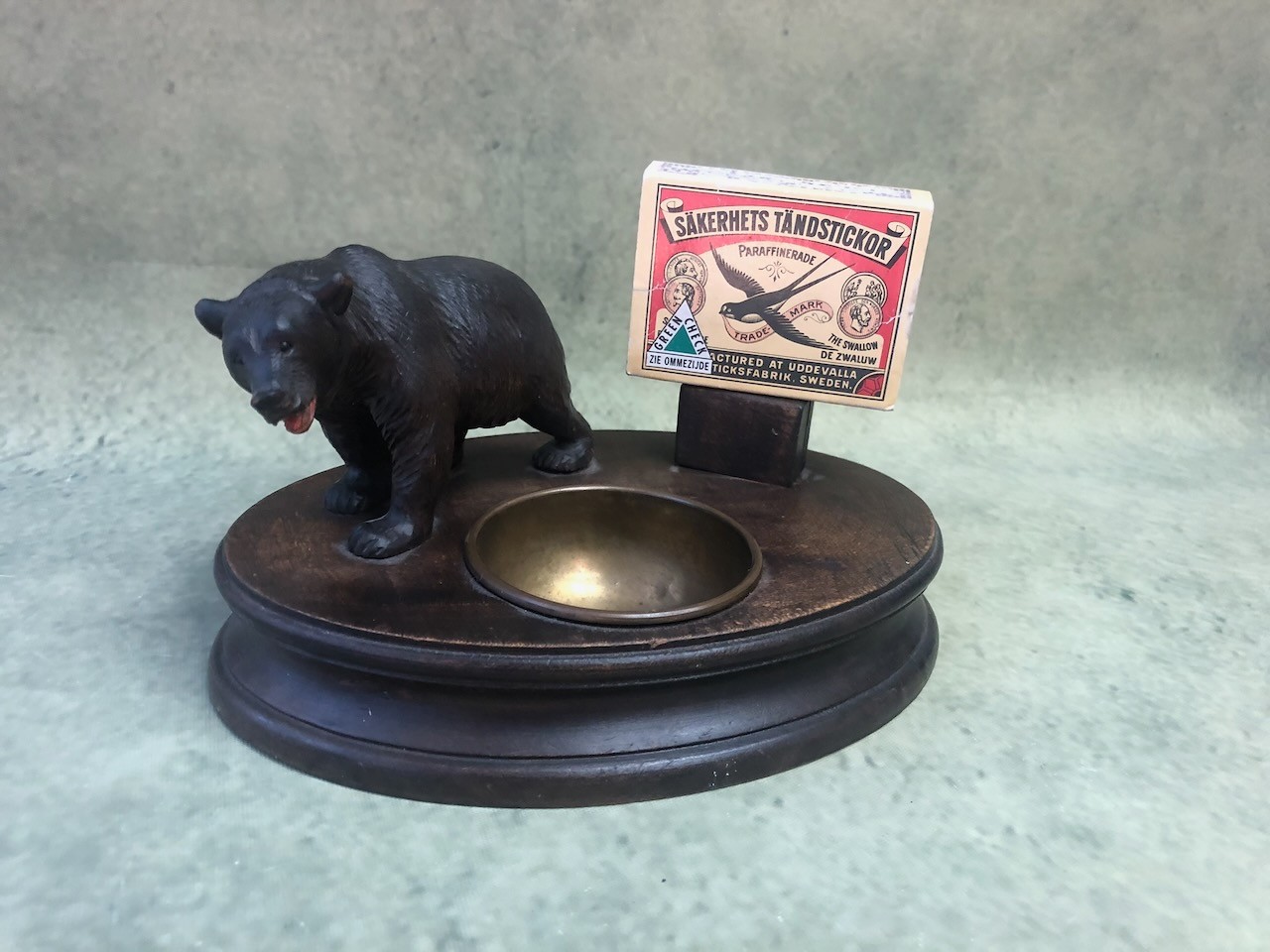 Antique Black Forest Carved Bear Ashtray Matchbox Holder Bead Eyes Sweden Antique Black Forest Carved Bear Ashtray Matchbox Holder Bead Eyes Sweden