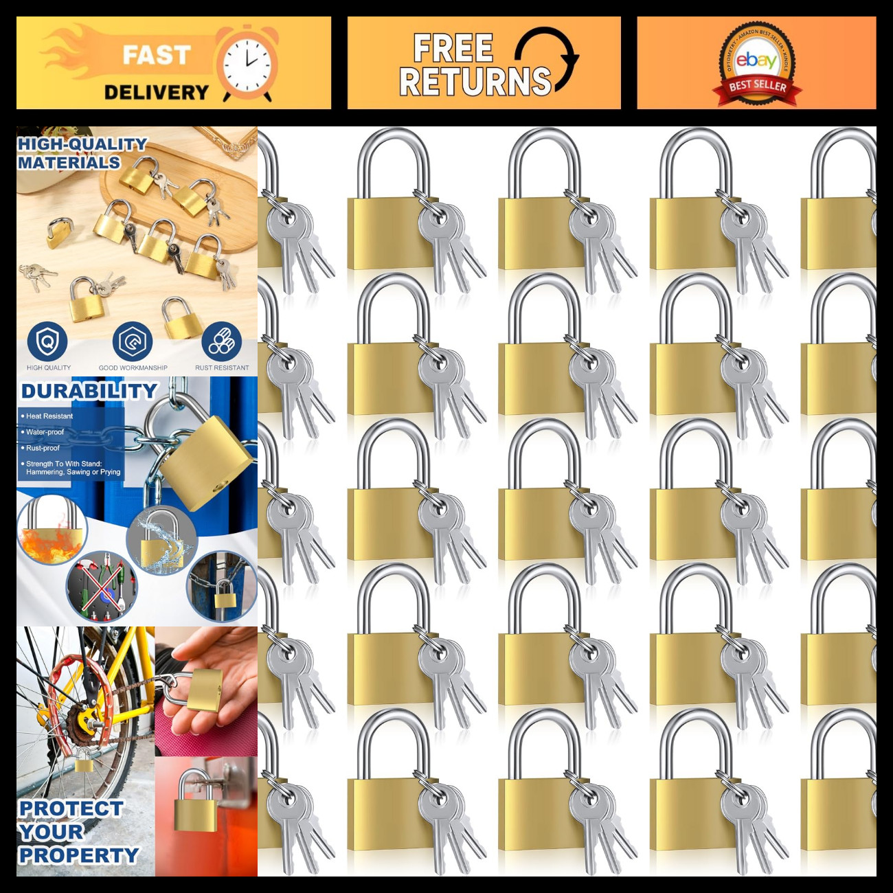 30mm Solid Brass Keyed Alike Padlocks with Keys - 24 Pack, Durable Security Lock