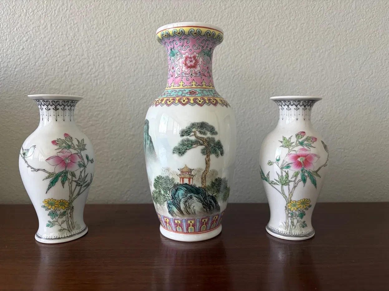 Vintage Chinese Famille Rose Porcelain 3 Pc Vase Set Landscape Birds Jingdezhen