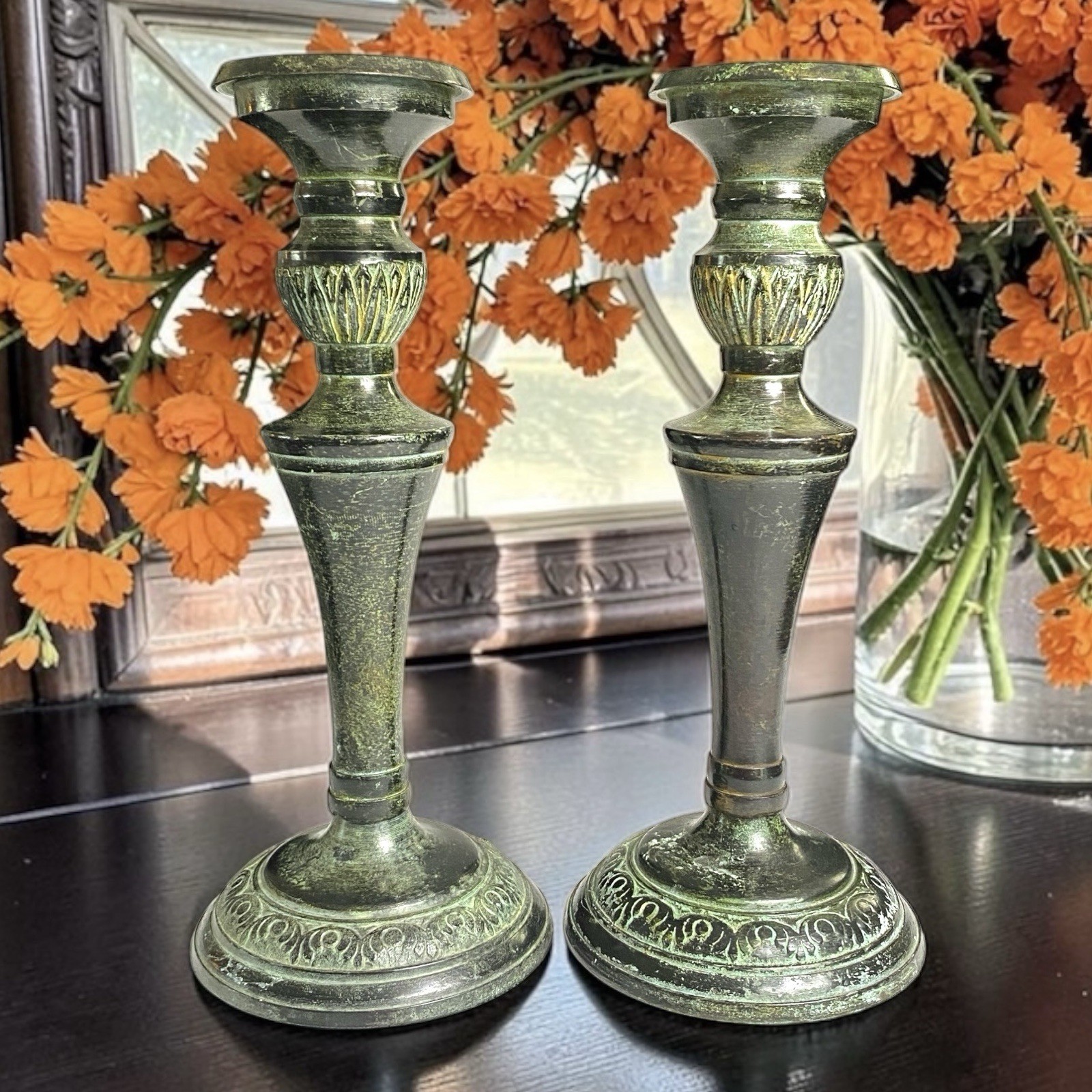 Vintage Metal Verdigris Pedestal Candlesticks Holders Pair Faux Green Patina 9”