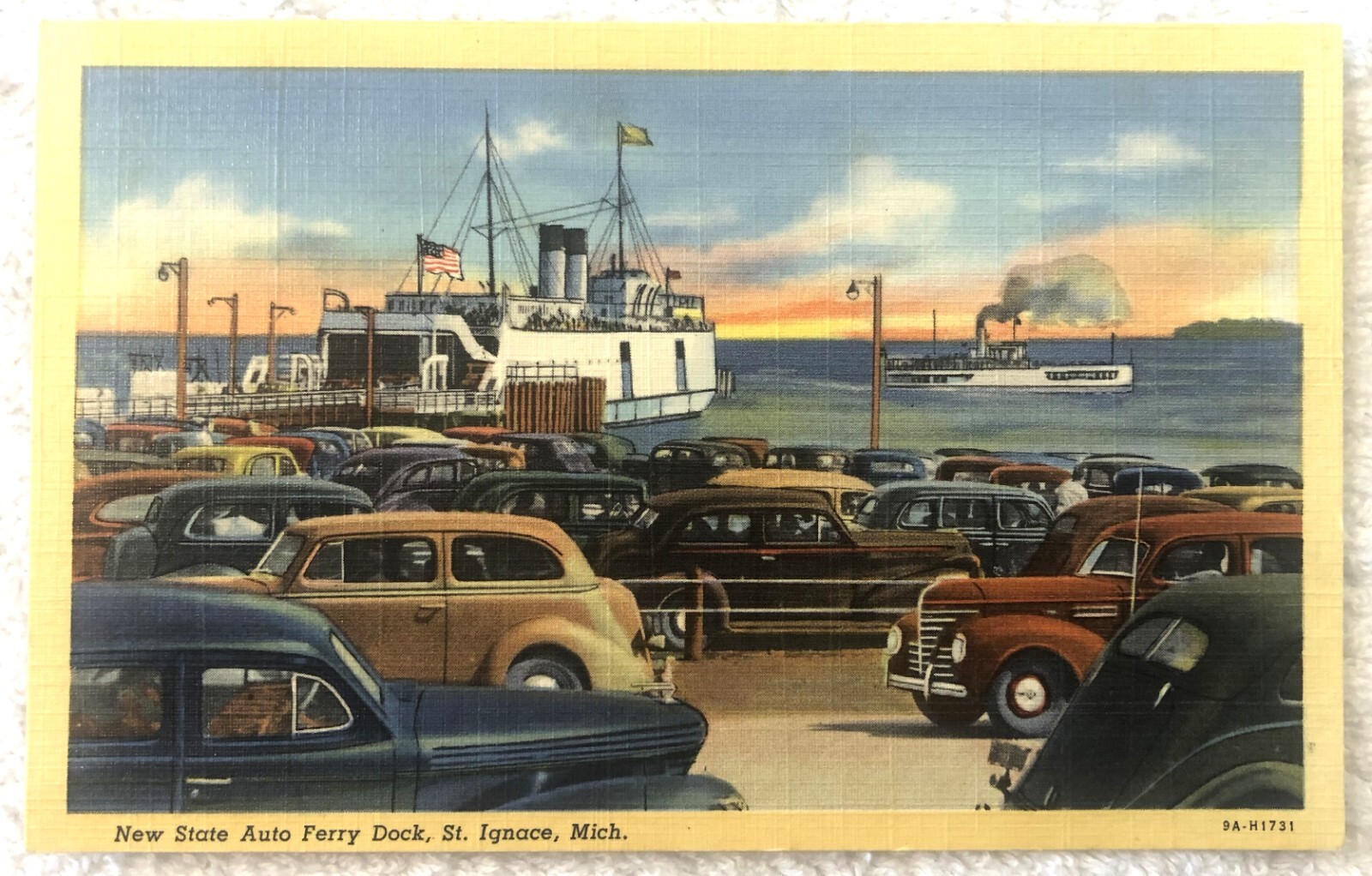 State Car Train Ferry Dock St Ignace MI  Autos LINEN Postcard 1940s, non posted