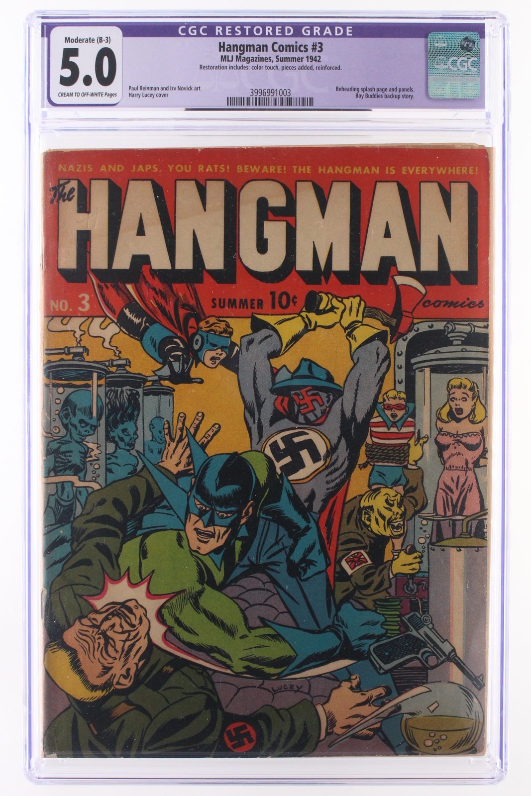 Hangman Comics #3 - MLJ Magazines 1942 CGC 5.0 Beheading splash page RESTORED