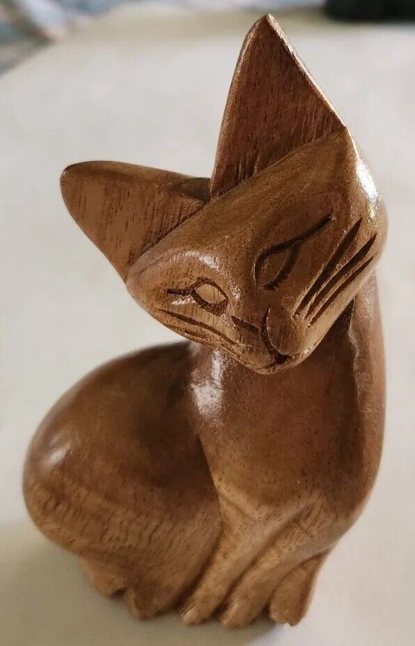 SALE: Hand Carved Wooden Cat Figurine 61/2in tall. Made in Philippines 