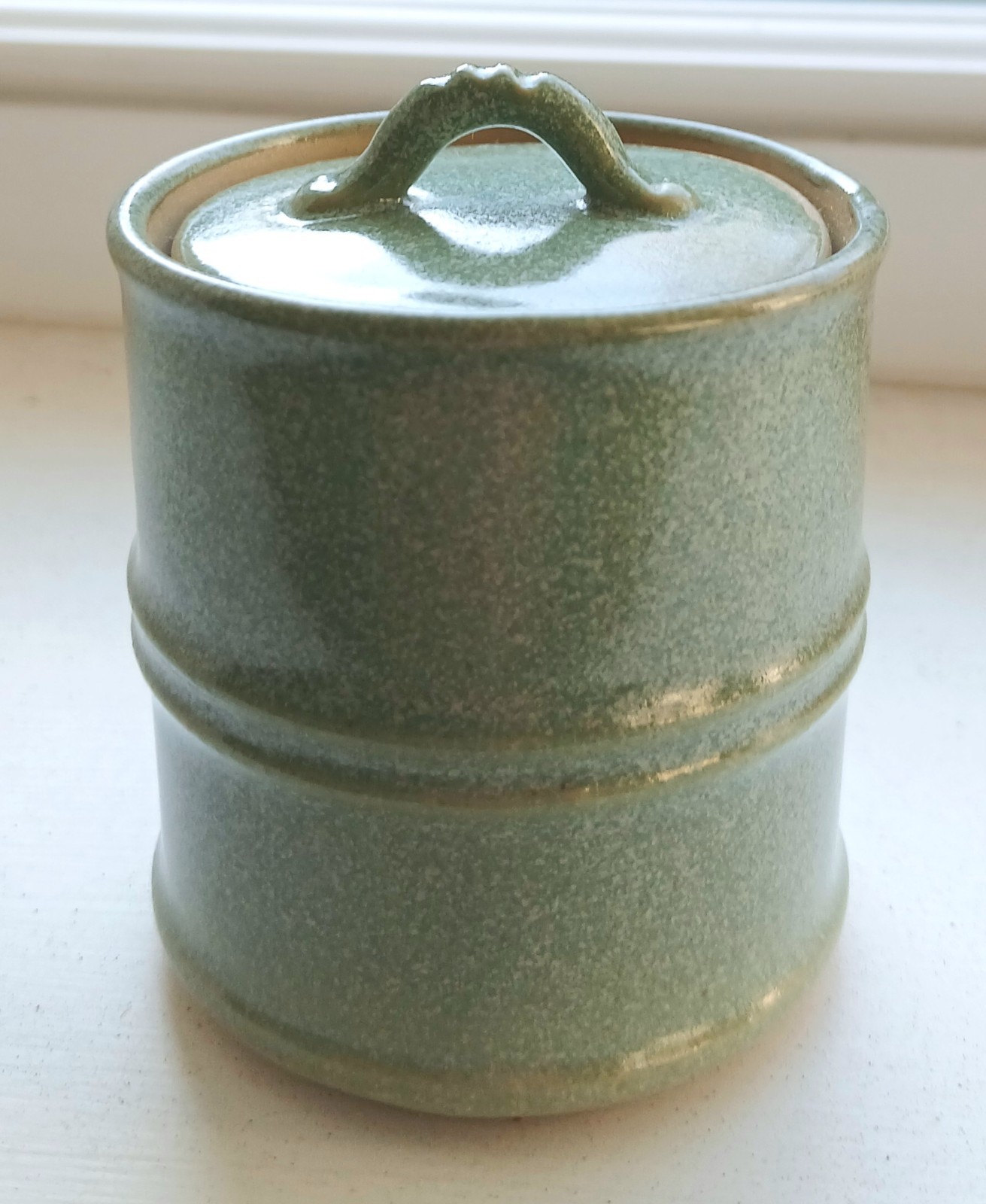 Rare Vintage 1970s Kiyomizu Ceramic Speckled Green Lidded Jar From Japan