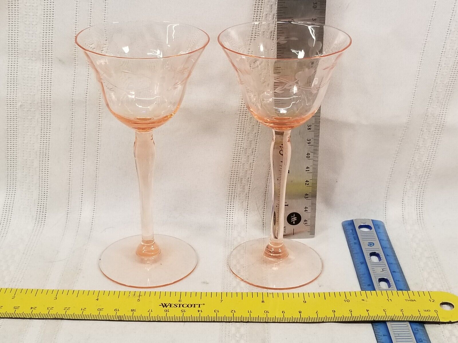 Vintage 2 Etched Pink Crystal Wine Water Goblet Glasses Optic Panel Depression