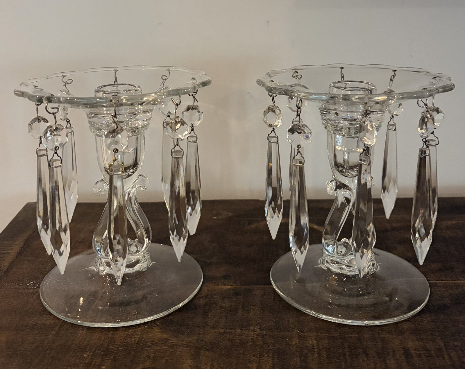 (2) Gorgeous Vintage Crystal Candlestick Candle Holders w/Hanging Prisms - EC
