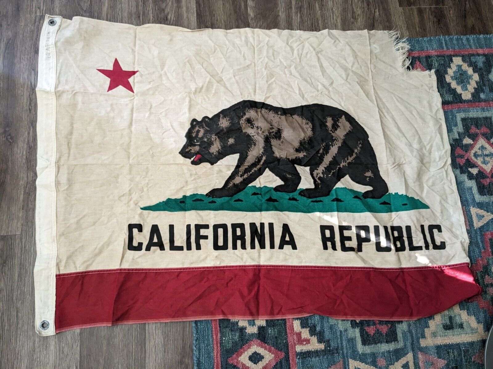Vintage 1940s 1950s California Republic State Flag 42in by 31in Faded Distressed
