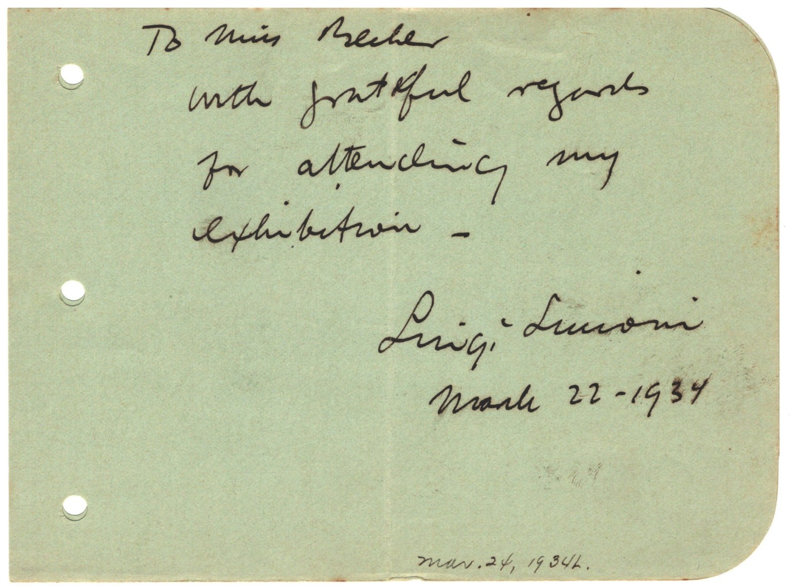 AMERICAN PAINTER LUIGI LUCIONI AUTOGRAPH ON ALBUM PAGE MARCH 24,1934.