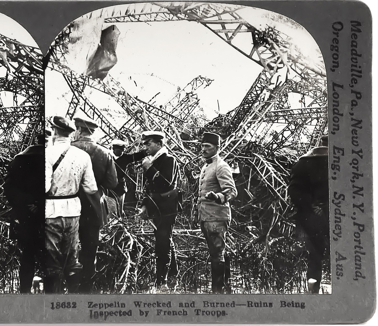 1916 Zeppelin Wrecked and Burned, Inspected, Stereoview Card - PC243