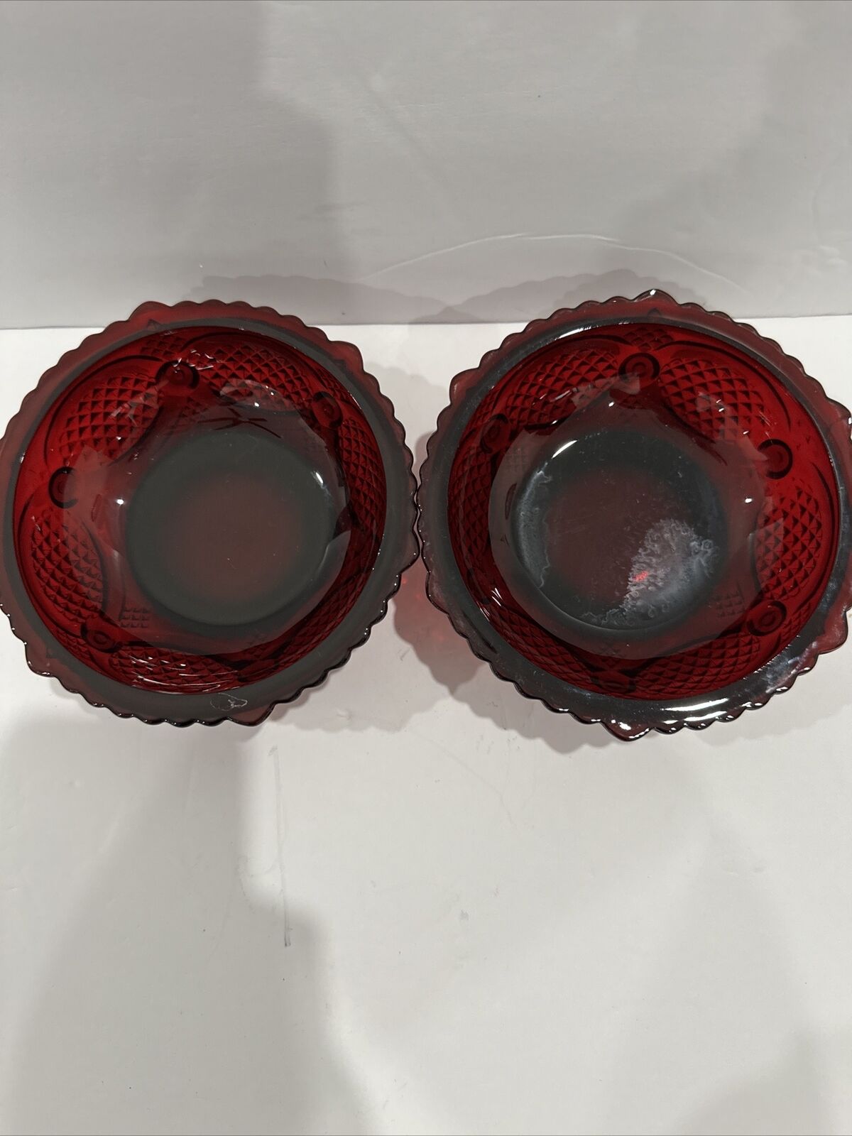 Pair Of Vintage Avon Cape Cod Ruby Red Glass Dessert Bowls