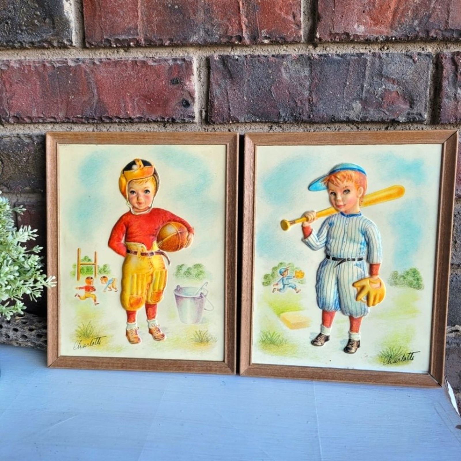 Pair of 1950\'s Metalcraft Framed 3D Baseball & Football Prints