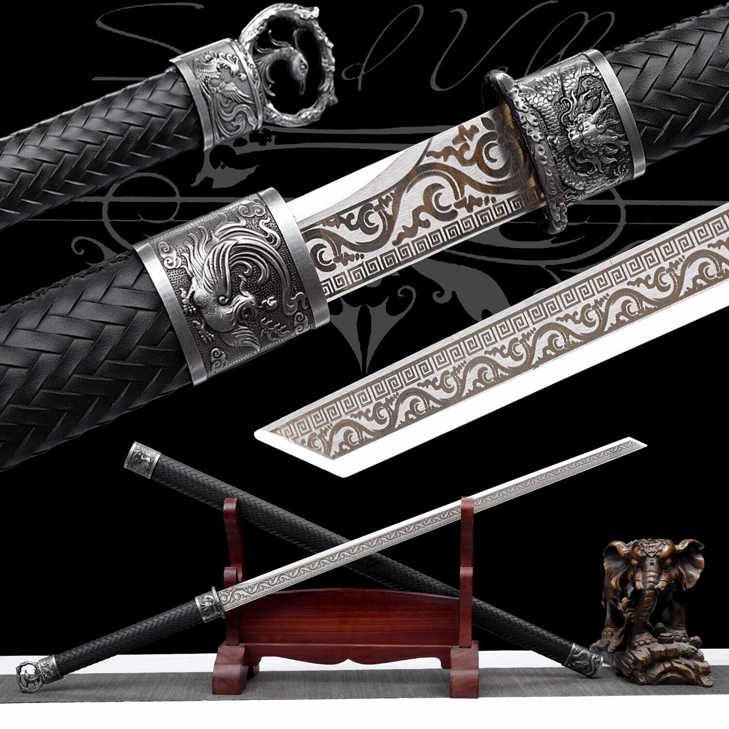 Handmade Katana/Manganese Steel/Full Tang Blade/Black/Fighting Master/Real Sword