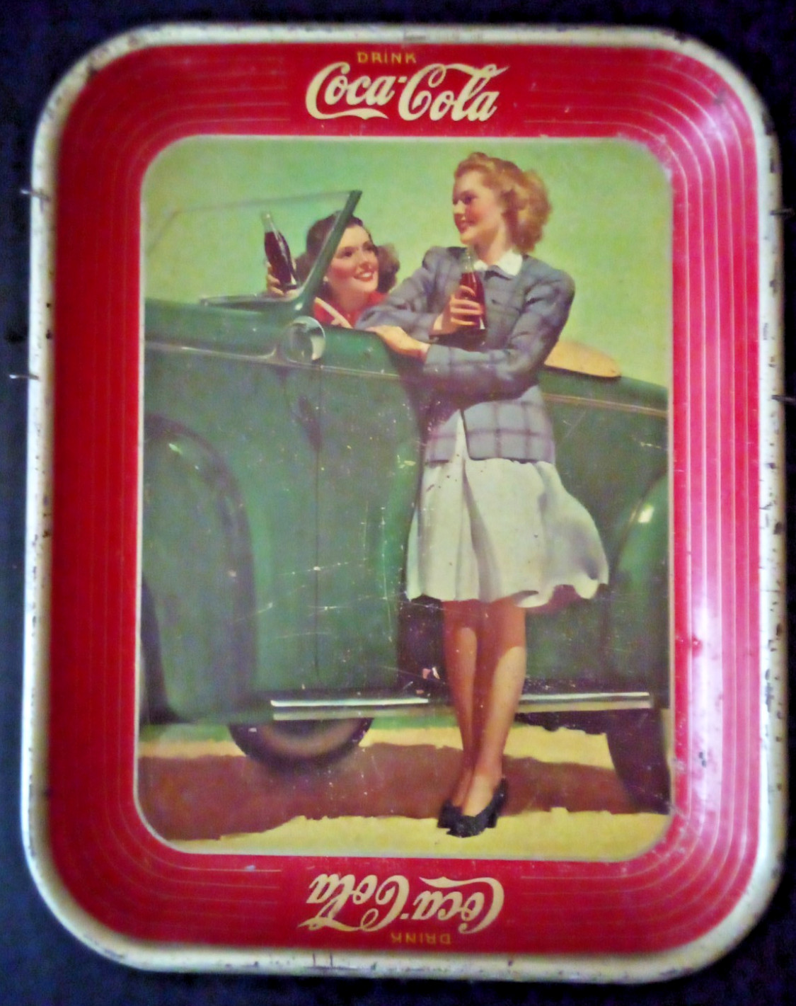 VTG 1942 COCA COLA METAL TRAY TWO WOMEN WITH CAR ADVERTISING VTG 1942 COCA COLA METAL TRAY TWO WOMEN WITH CAR ADVERTISING